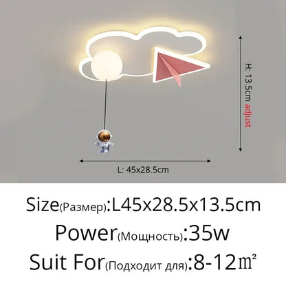 DecorBites™ children’s room ceiling chandelier light shaped like a cloud with astronaut and paper airplane warm white illumination
