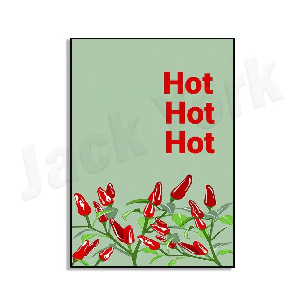 A rectangular framed decorbites chili pepper art trio poster with light green background and red hot hot hot text