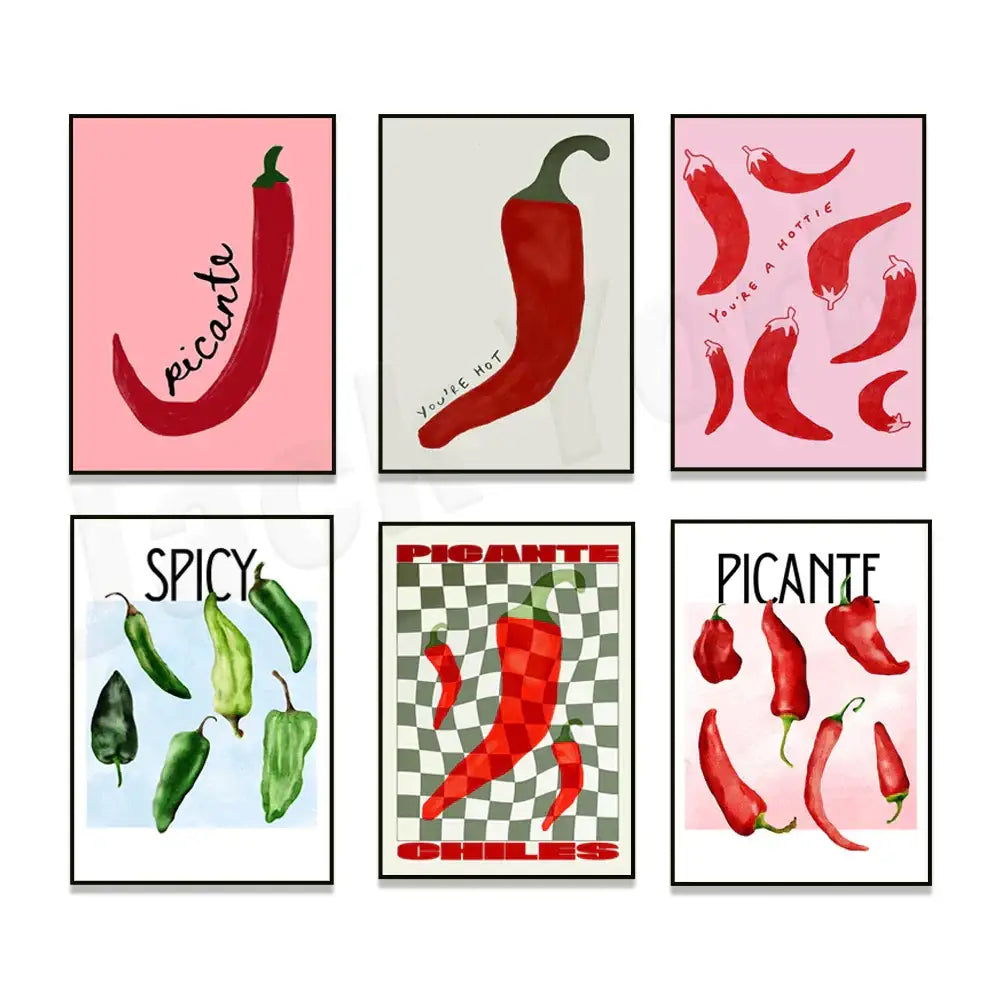 Set of six framed DecorBites chili pepper art prints featuring vibrant red and green peppers with playful text for kitchen decor