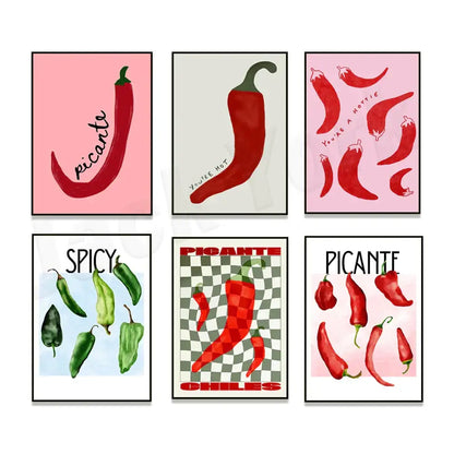 Set of six framed DecorBites chili pepper art prints featuring vibrant red and green peppers with playful text for kitchen decor
