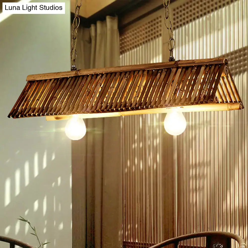 DecorBites™ brown natural bamboo triangular island pendant lighting fixture with two exposed bulbs for tearoom use