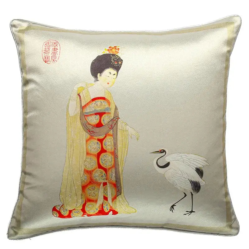 A metallic silver satin cushion cover featuring an embroidered chinese beauty girl luxury design with a white crane