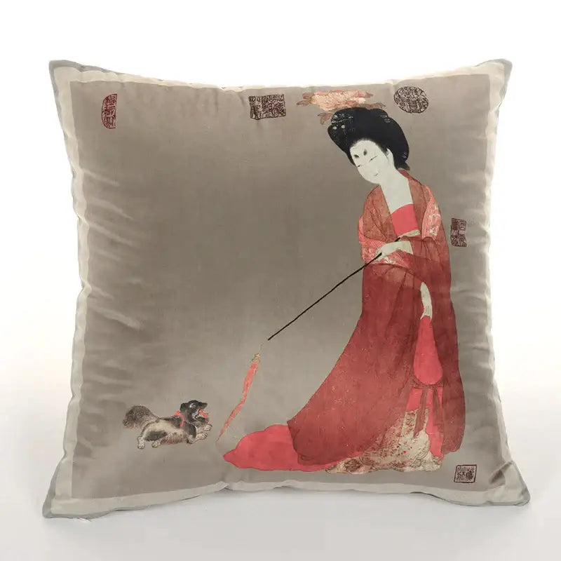 DecorBites™ beauty girl luxury cushion cover with red and gold east asian woman illustration for sofa decor