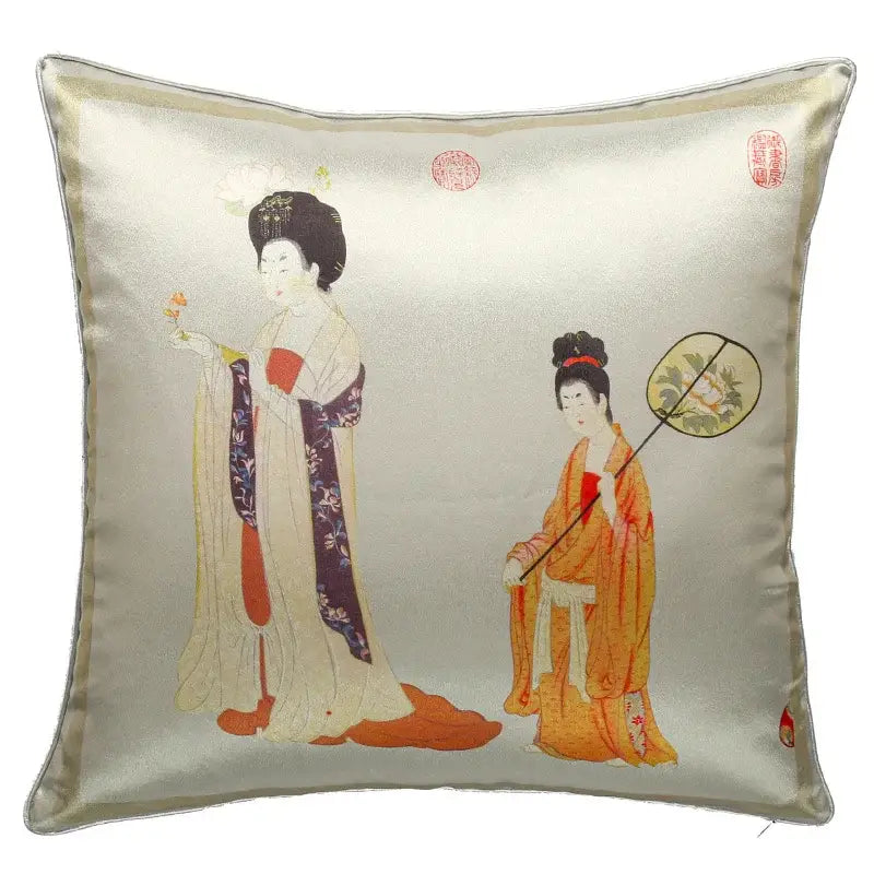 A square satin-finish cushion cover featuring an elegant illustration of two japanese women for beauty girl luxury decor