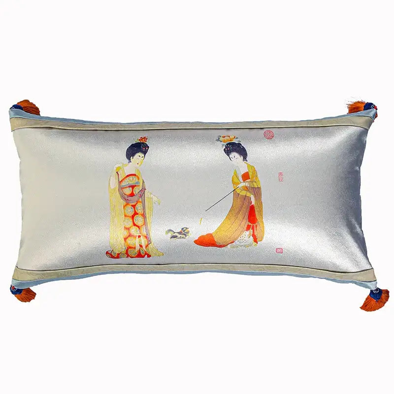 Silver satin cushion cover with embroidered chinese beauty girl luxury design and orange tassels for living room sofa