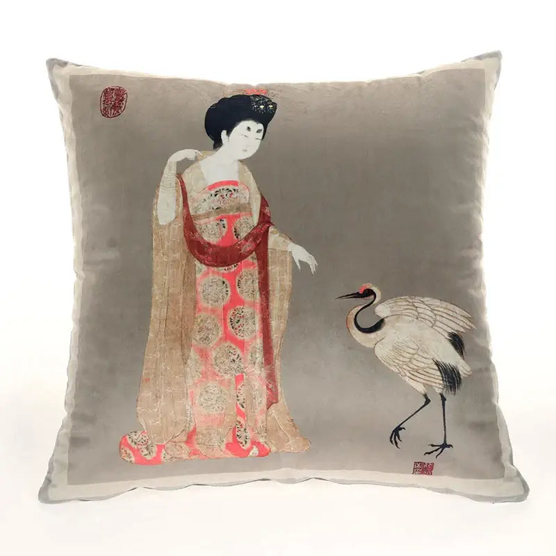 Gray velvet cushion cover with embroidered red and gold traditional japanese beauty girl luxury design for sofa