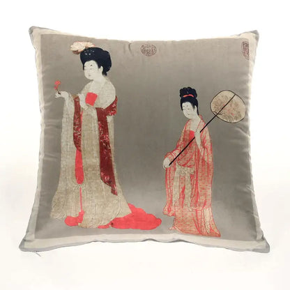 Gray velvet cushion cover featuring embroidered beauty girl luxury design with traditional Chinese women for living room sofa