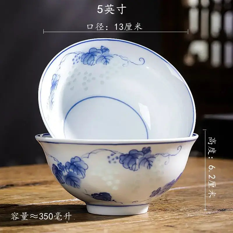 White porcelain vegetable plates and rice soup bowls set of 2 with delicate blue floral patterns and classic porcelain finish