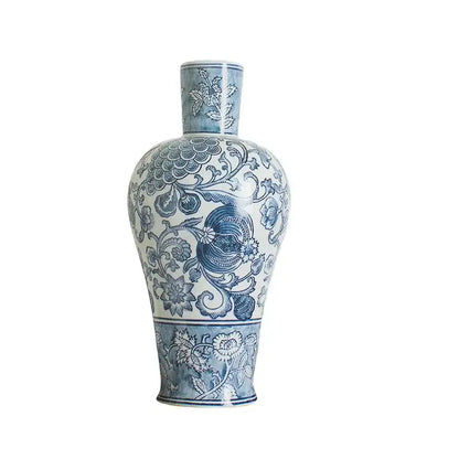 DecorBites™ chinese blue white porcelain general’s jar flower vase with intricate floral and bird motifs for home decoration