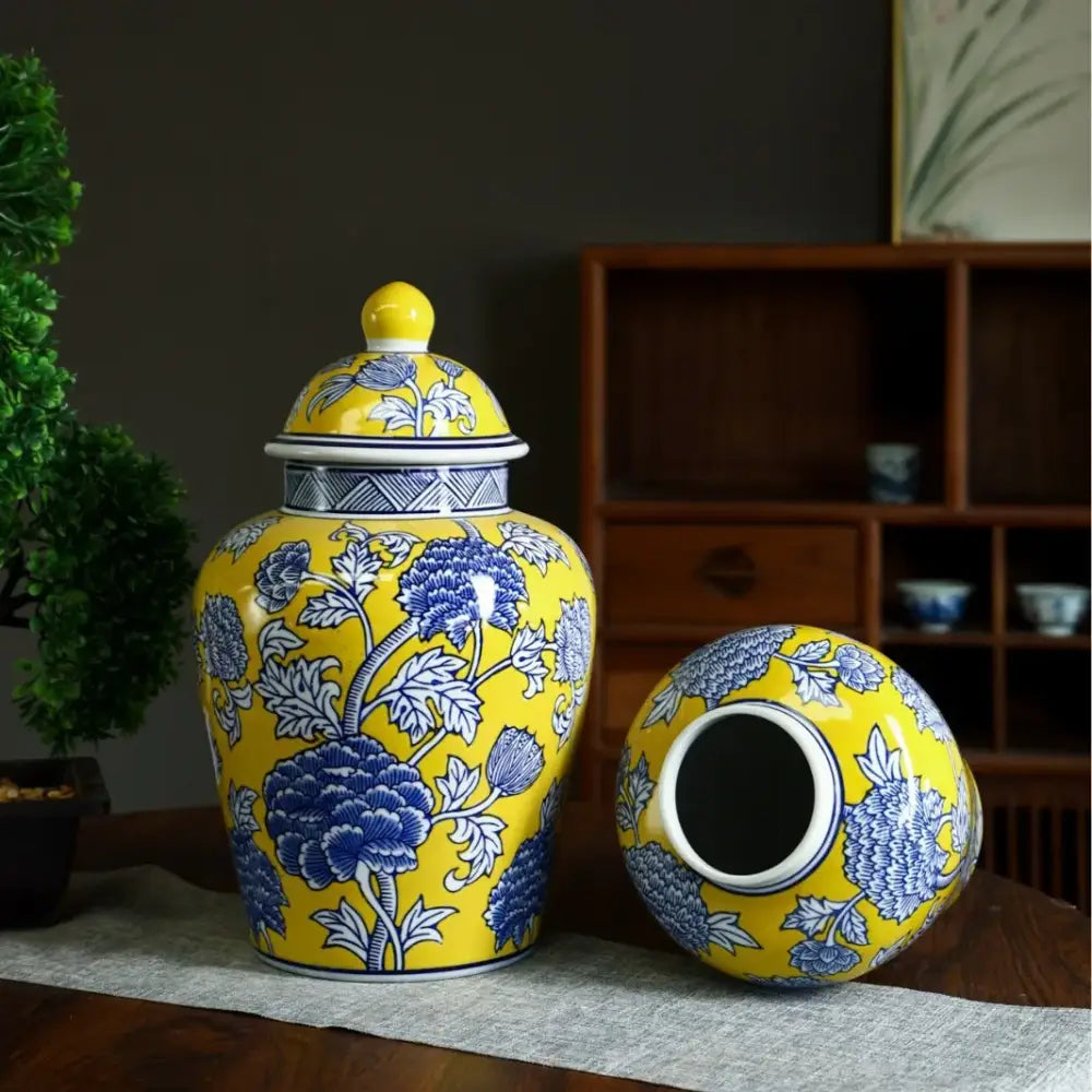 DecorBites™ Chinese blue white porcelain general’s jar flower vase with vibrant yellow and blue floral patterns
