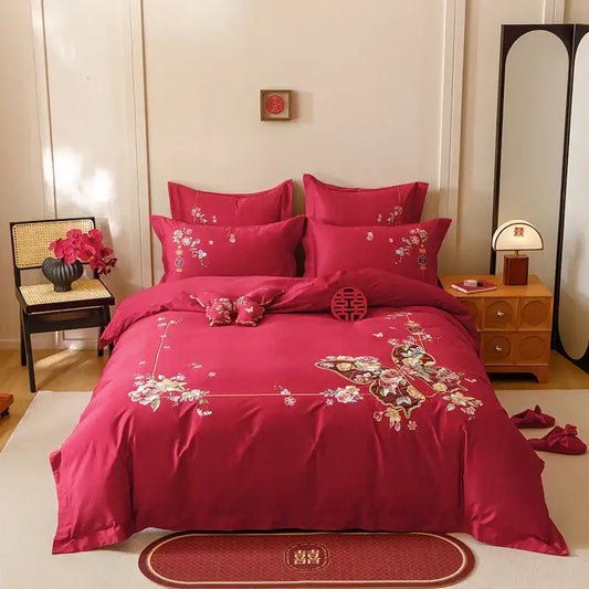 Vibrant red satin bedding set with intricate gold thread decorbites chinese butterfly flowers embroidery 1000TC cotton