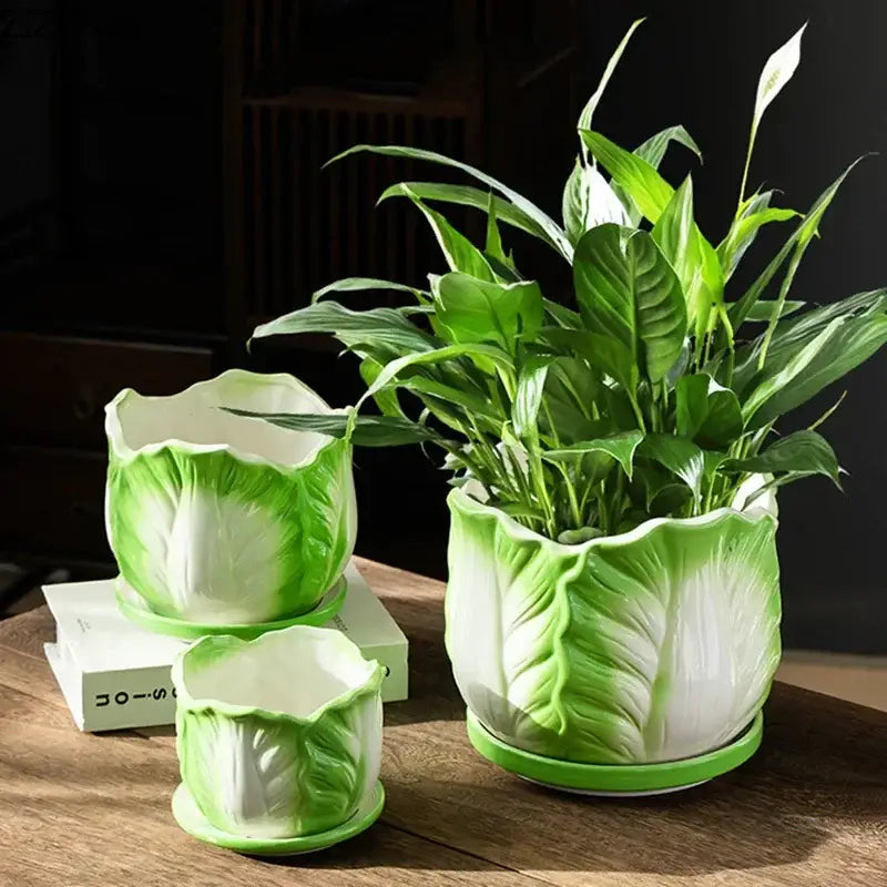 Green and white ceramic vase with detailed leaf patterns decorbites chinese cabbage ceramic for room decor and flower arrangement