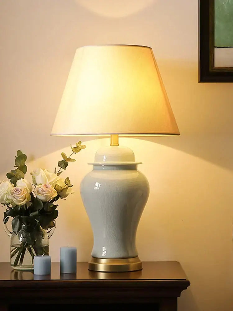 DecorBites™ sleek light blue ceramic table lamp with gold base for living room bedroom bedside decor