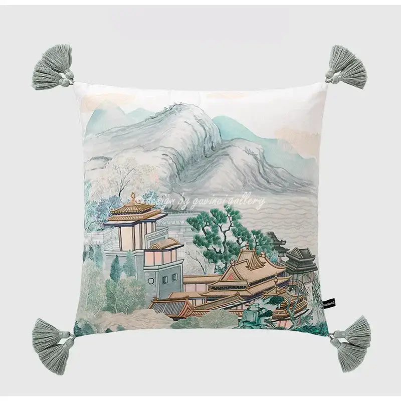 White velvet pillow cover featuring a delicate chinese city landscape illustration with gray tassels 30x50cm