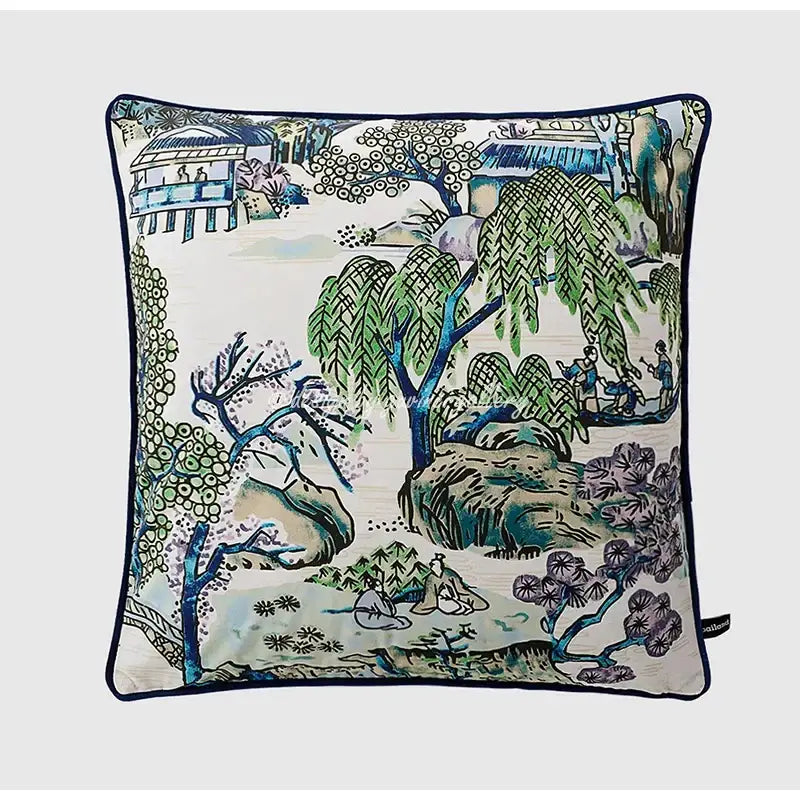 Square pillow cover with a detailed chinese city landscape velvet design in blue green and purple on off-white background