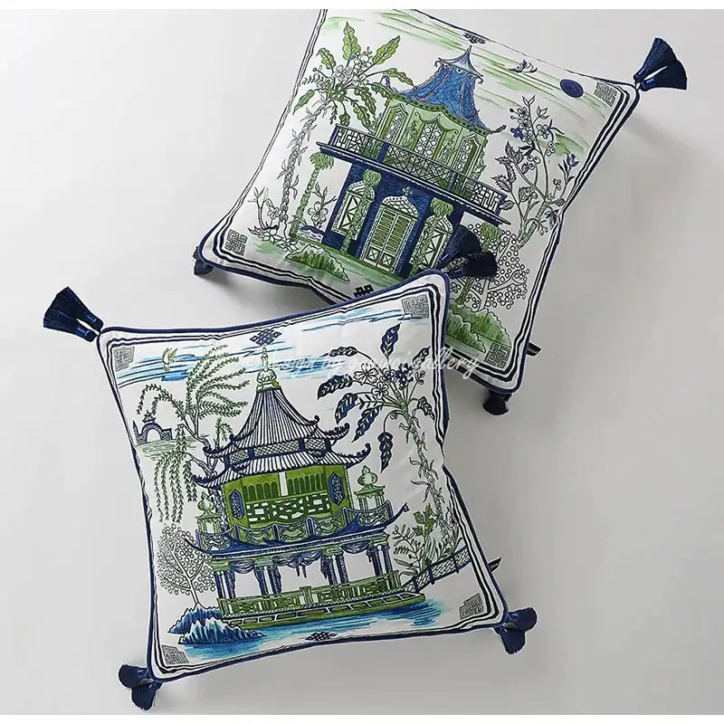 Decorbites™ chinese city landscape velvet pillow cover with embroidered pavilions and navy tassels 30x50cm