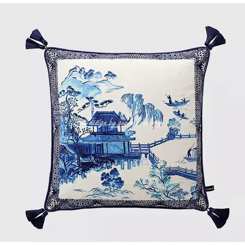 Decorbites™ chinese city landscape velvet pillow cover in blue and white porcelain style with lace trim and tassels