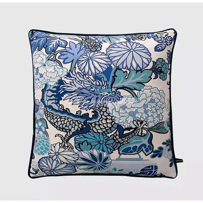 DecorBites™ square pillow cover with vibrant blue white dragon and floral patterns on city landscape velvet fabric