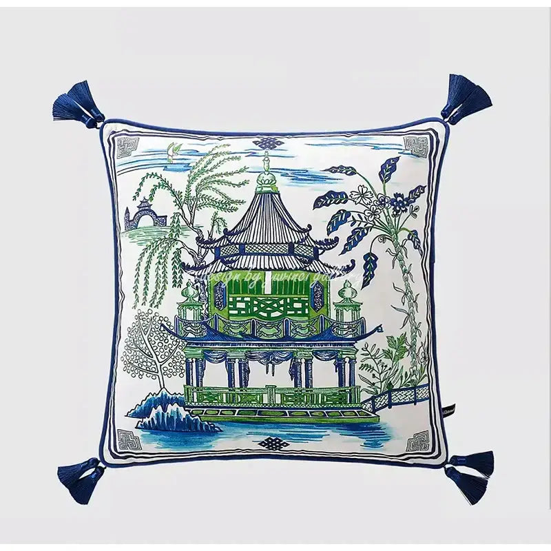 DecorBites™ square pillow cover with green and blue traditional Chinese city landscape velvet and navy tassels 30x50cm