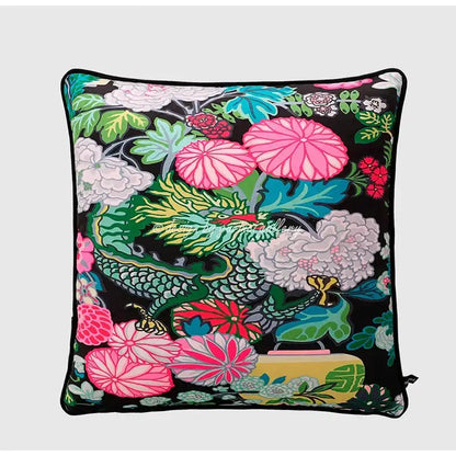 Decorbites™ chinese city landscape velvet pillow cover with vibrant floral and dragon pattern in pink green red and white