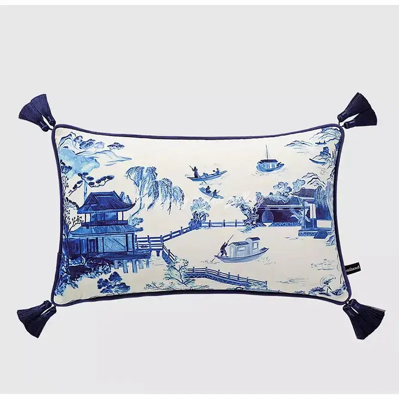 Cream-colored decorbites™ chinese city landscape velvet lumbar pillow cover with blue porcelain design and tassels