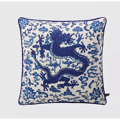 Decorbites™ city landscape velvet pillow cover with blue dragon embroidery on off-white square cushion with tassels