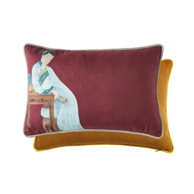Maroon velvet cushion cover with a classical women print and silver piping from decorbites™ with tassels