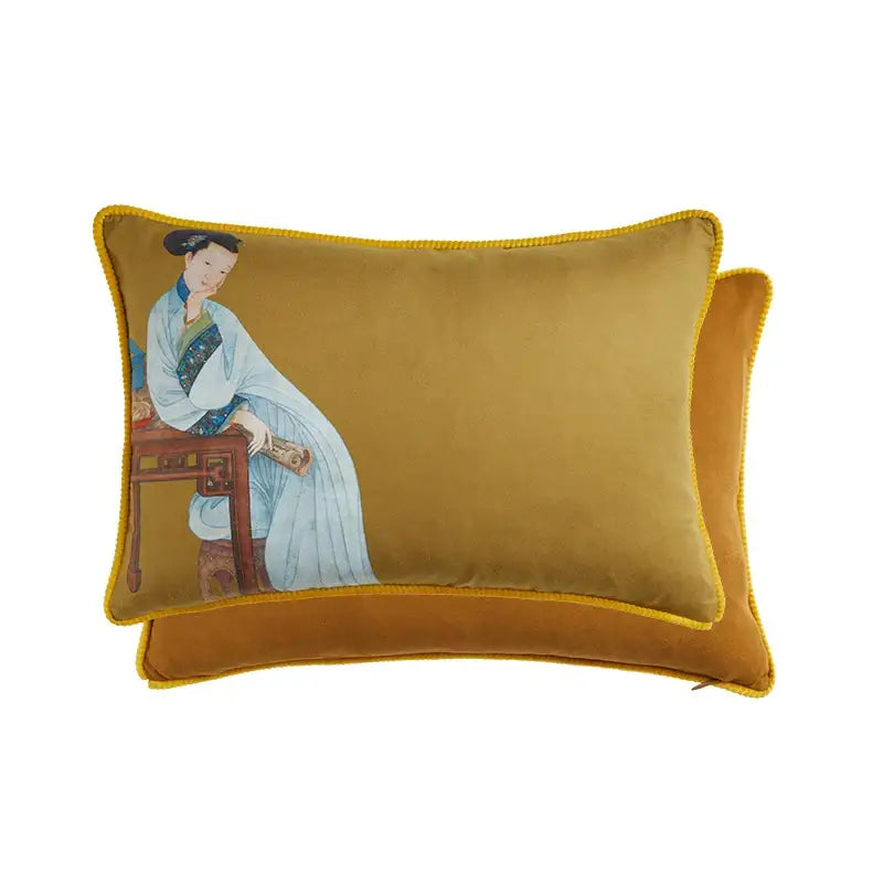 Mustard yellow velvet cushion cover featuring a classical women print of an east asian woman in traditional attire with tassels