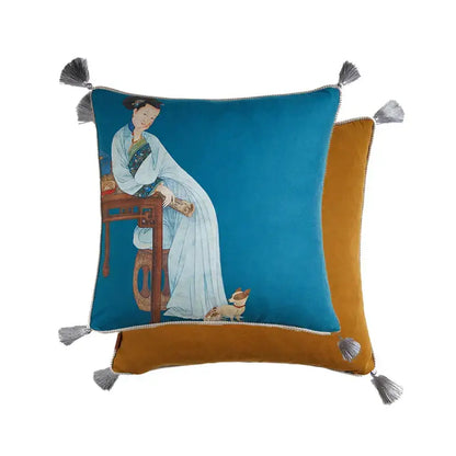 Teal velvet cushion cover with embroidered classical women print and silver tassels from DecorBites™ collection