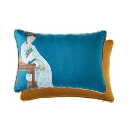 Teal velvet cushion cover featuring classical women print of east asian woman with silver piping and tassels