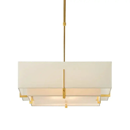 Gold-finished rectangular pendant lamp with layered frosted glass shades and geometric metal accents for minimalist living room