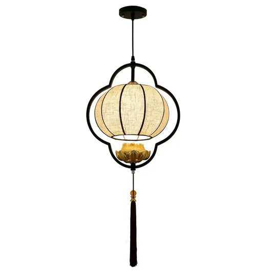 Decorbites™ chinese cloth chandelier pendant light with black metal frame beige fabric shade and gold lotus for elegant tea house