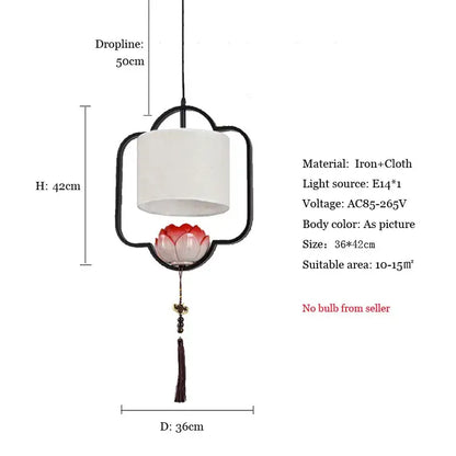 Black iron-framed DecorBites cloth chandelier with white shade and red lotus ornament for dining room lighting