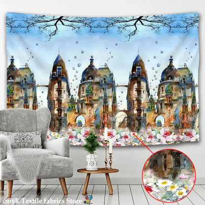 DecorBites™ dragon castle totem tapestry wall hanging features watercolor multi-turreted buildings in earthy tones
