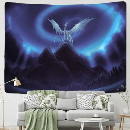 Decorbites™ dragon castle totem tapestry wall hanging features a white dragon on a mountain under a blue aurora sky