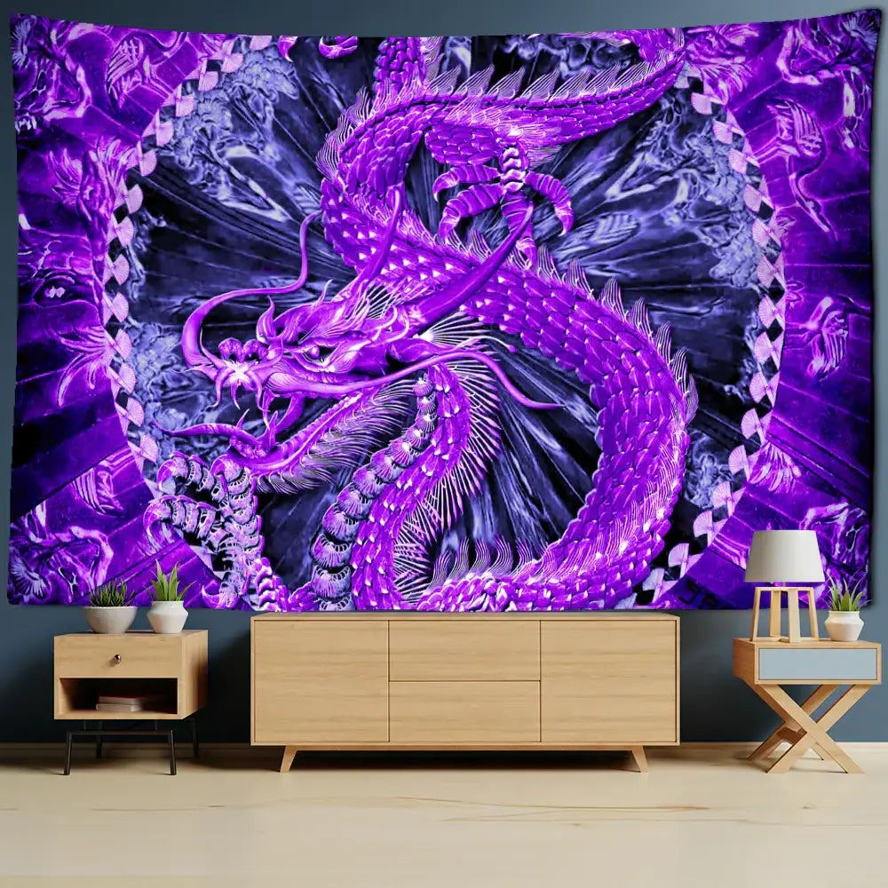 Vibrant purple DecorBites™ dragon castle totem tapestry with intricate scales hanging as striking wall decor