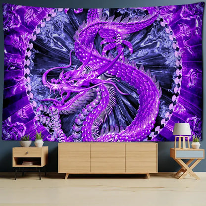 Vibrant purple DecorBites™ dragon castle totem tapestry with intricate scales hanging as striking wall decor