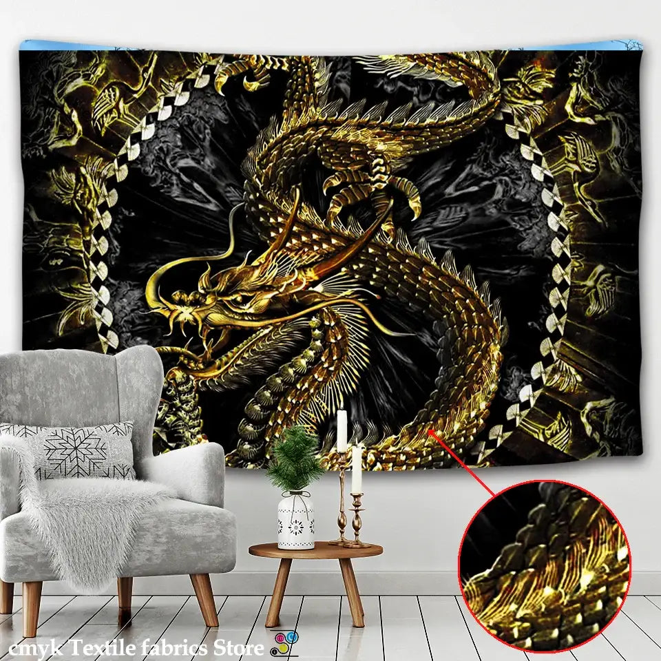 Decorbites™ black and gold dragon castle totem tapestry with metallic scales for wall hanging or beach mat decor