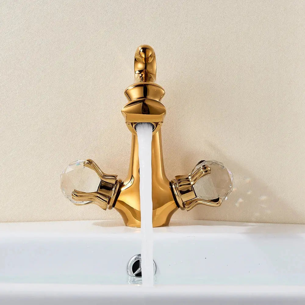 Gold-colored decorbites™ basin faucet with ornate dragon crystal handle dual hot cold deck mounted sink