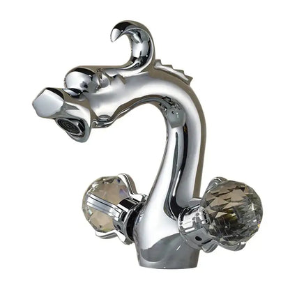 Chrome-finished decorbites™ chinese dragon crystal handle basin faucet with ornate sculpted spout and cross handles