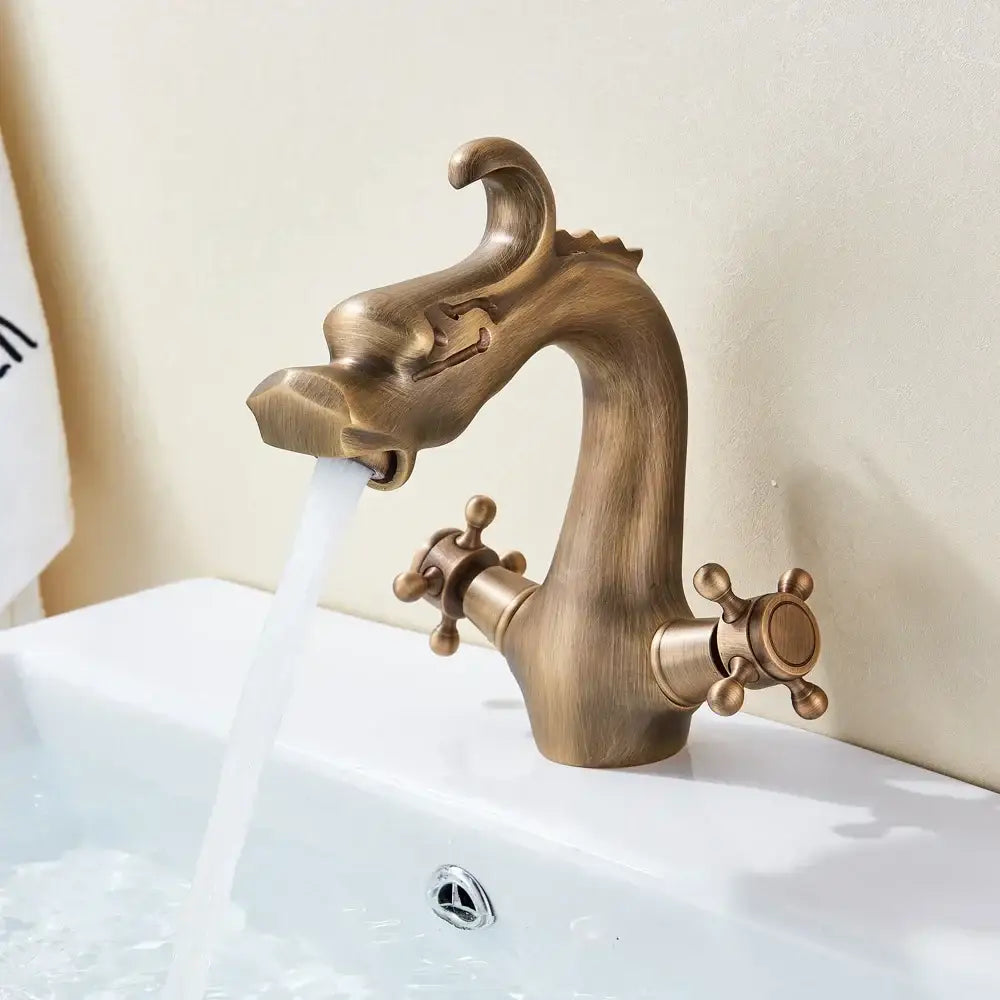 Antique brass decorbites™ chinese dragon crystal handle basin faucet with detailed sculpted head and dual cross handles