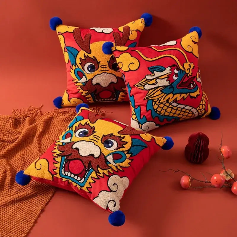 Decorbites™ festive red dragon embroidered cushion cover with yellow blue accents and blue pom-poms for home decor