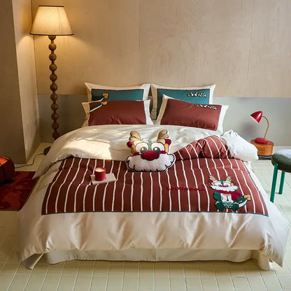 Red and white striped king size embroidered cotton bedding set with cartoon reindeer design by decorbites