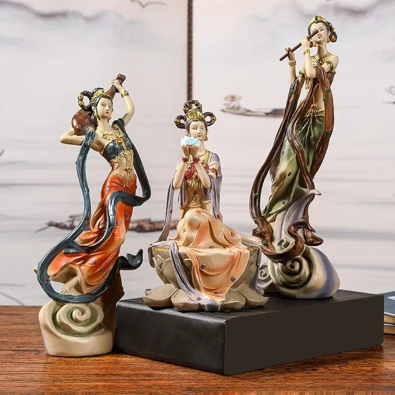 DecorBites™ resin chinese goddess fairy figurines in colorful robes with ornate headdresses for home decor