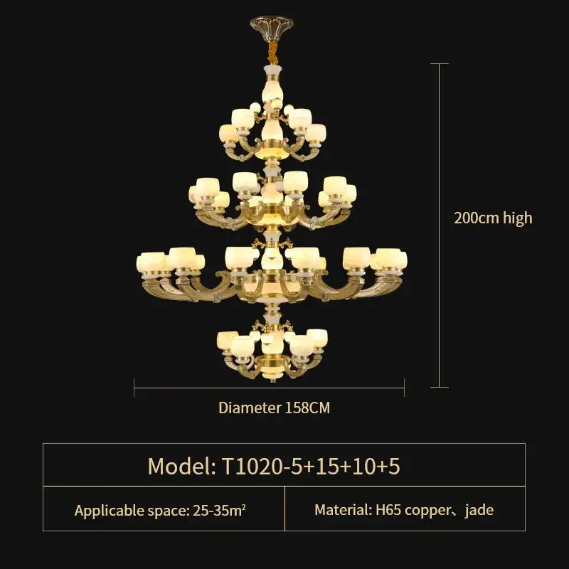 Elegant multi-tiered gold-toned decorbites jade chandelier with all-copper construction and frosted glass lighting fixture