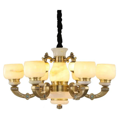 Elegant brass DecorBites jade chandelier with warm alabaster shades and ornate detailing for living room lighting fixture