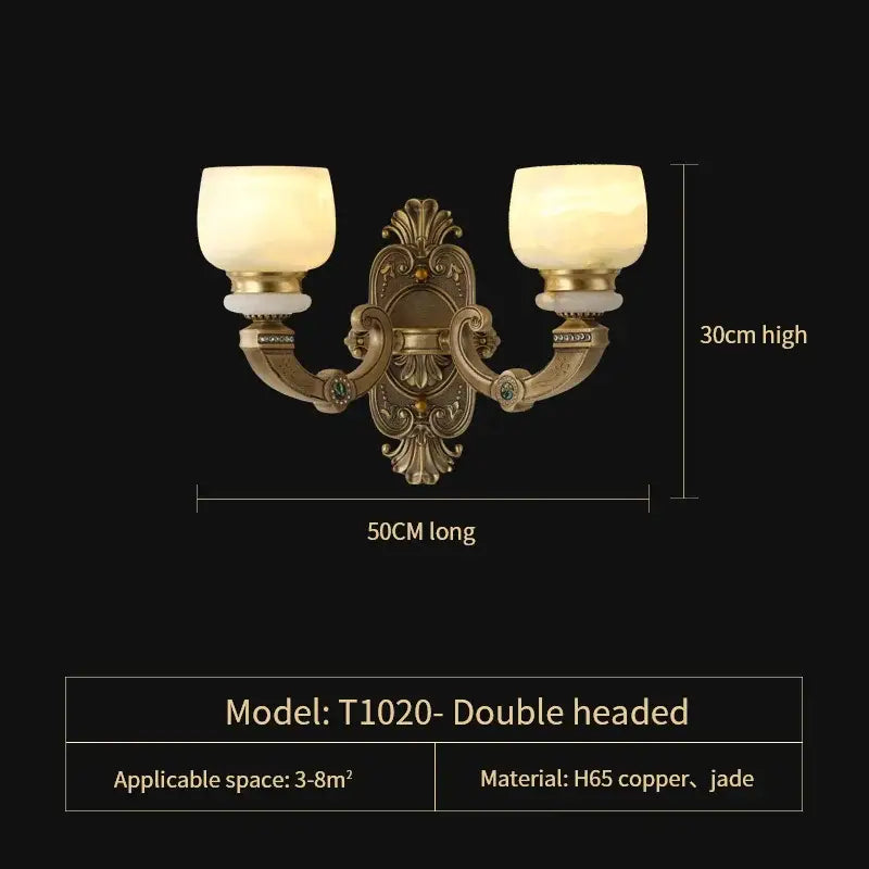 Antique brass double-headed wall sconce with frosted glass shades and jade accents from decorbites jade chandelier collection