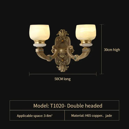 Antique brass double-headed wall sconce with frosted glass shades and jade accents from decorbites jade chandelier collection