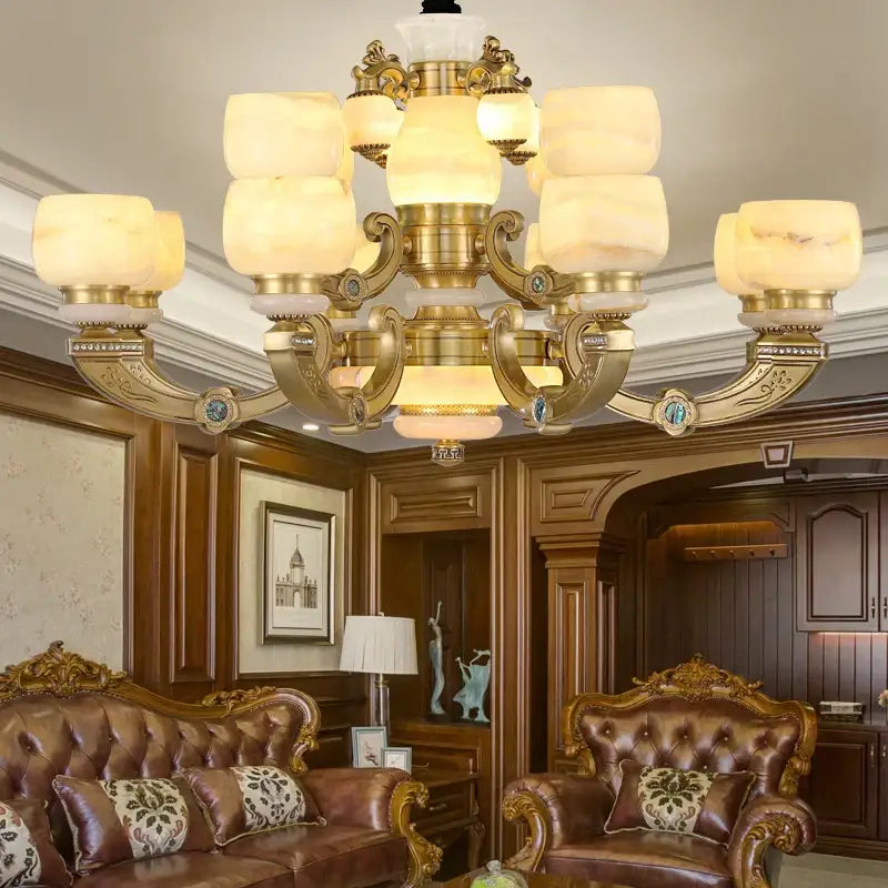 Gold-toned decorbites jade chandelier with warm alabaster shades and ornate all-copper detailing lighting fixture for living room