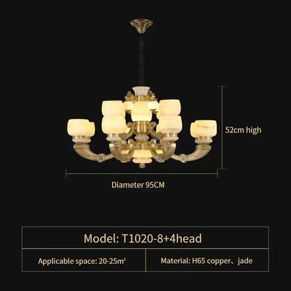 Elegant brass and jade chandelier with eight arms and four lights by DecorBites for living room lighting fixture